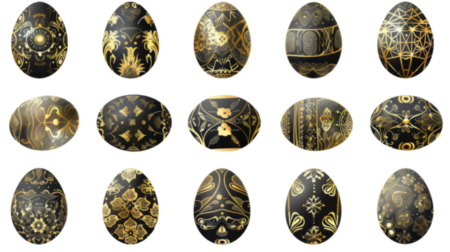 Set of decorated luxurious black Easter eggs with elegant golden patterns, isolated on a white background. Used for Easter decoration themes, festive backgrounds, invitation designs.