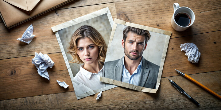 A man and woman's headshot photos are taped to a table. There's a cup of coffee, a pencil, and crumpled papers around the photos.