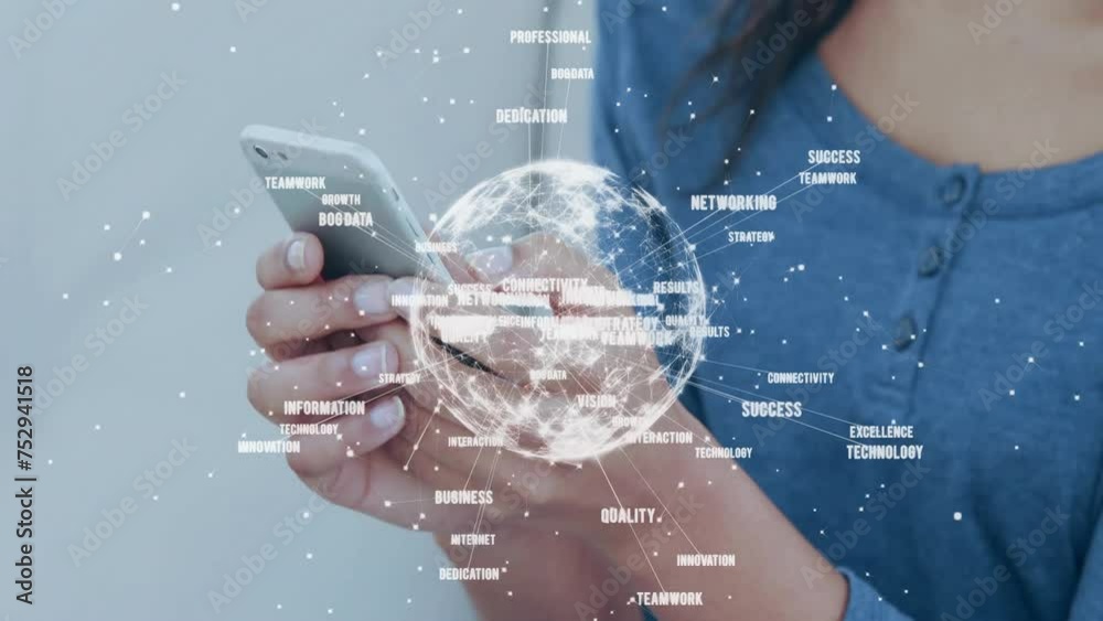 Poster animation of global network and data processing over midsection of biracial woman using smartphone