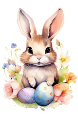 Watercolor illustration of a brown rabbit with long ears surrounded by colorful Easter eggs with a splash of colors in the background. Ideal for Easter greeting cards.