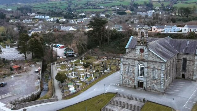 aerial view of Bantry town, church and cemetery, Ireland