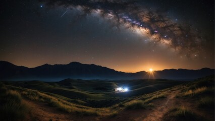 Naklejka na ściany i meble Milky Way. Colorful night landscape with bright milky way, starry sky and hills in summer. Space background. Amazing astrophotography. Beautiful universe. Travel