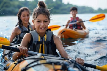 Obraz premium A young girl with a beaming smile kayaking, portraying the happiness of engaging in summertime water activities