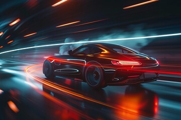 a black sports car on a road with red and blue lights