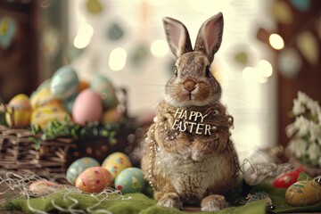 Colorful Easter Egg Basket Salvation. Happy easter Sunrise bunny. 3d easter egg hunt organization hare rabbit illustration. Cute easter egg roll festive card Easter ornament copy space wallpaper