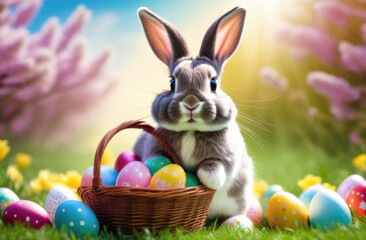 Easter bunny with basket of colorful eggs on green grass and flowers background