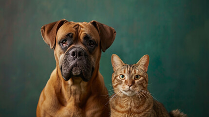 A loyal boxer and a contented orange tabby cat sitting side by side on a rich emerald green backdrop.