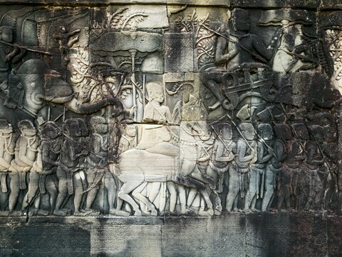 Bas relief sculpture on Bayon temple in Angkor, Cambodia