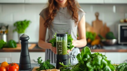 Woman preparing homemade pesto with a hand blender in a modern kitchen