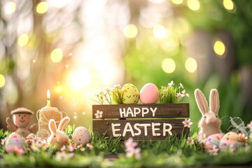 Colorful Easter Egg Basket easter egg cake. Happy easter Secured Easter Surprises bunny. 3d Exotic bloom hare rabbit illustration. Cute hellebores festive card blank canvas copy space wallpaper - obrazy, fototapety, plakaty