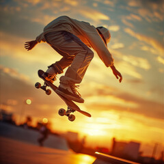 A boy performs a jumping stunt with a skateboard - obrazy, fototapety, plakaty