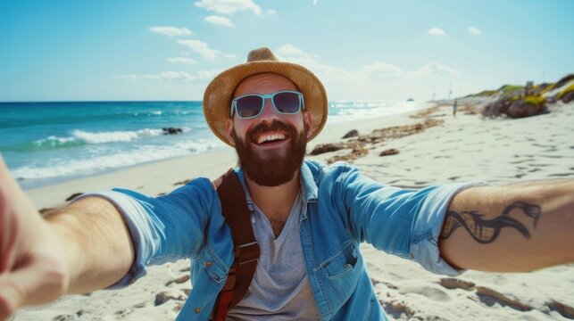 happy handsome man taking selfie pic with cellphone at the beach in a summer day