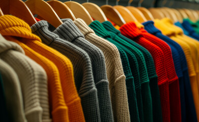 Vibrant Cashmere Sweaters and Hoodies Displayed on a Clothes Rack - 752943536