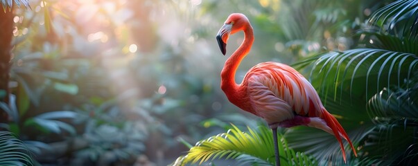 Elegantly dressed flamingo stands out in tropical paradise with grace. Concept Tropical Paradise, Flamingo, Elegantly Dressed, Graceful Pose, Stand Out - obrazy, fototapety, plakaty