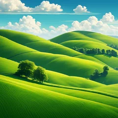 Foto auf Acrylglas Fluffy white clouds drifting lazily across a clear blue sky, casting soft shadows on a peaceful countryside scene with rolling hills and green fields © GhulamAsghar