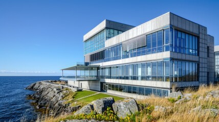 Fototapeta premium oceanographic research institute by the sea, with state-of-the-art facilities for marine biology studies