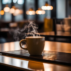 closeup of steaming coffee mug, with a modern cafe background.