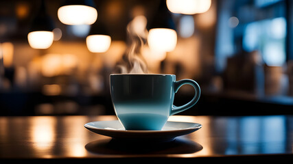 closeup of steaming coffee mug, with a modern cafe background.