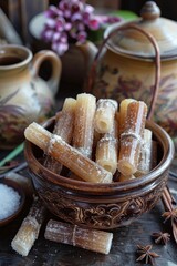 Fototapeta premium Natural brown sugar cane sticks in a rustic wooden bowl, sweet organic concept