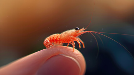 Closeup shrimp held, person’s hand, marine life, seafood industry, aquatic concept, sustainable fishing, fresh seafood market, ocean conservation campaigns.