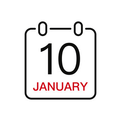 January 10 date on the calendar, vector line stroke icon for user interface. Calendar with date, vector illustration.