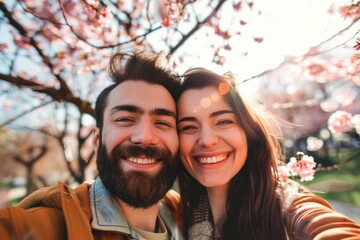 happy lovely couple taking selfie pic with smart phone in a spring or summer day