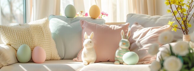 Easter Comfort: Soft Pastel-Colored Throw Pillows Featuring Bunny and Egg Designs on a Comfy Couch - obrazy, fototapety, plakaty