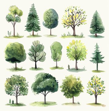 Watercolor painted various tree collection. An array of watercolor trees showcasing different species and styles, perfect for design or educational purposes, capturing the essence of flora