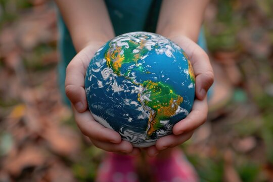 midsection of a kid hands holding earth globe - save the earth concept