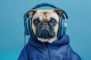 adorable dog wearing a blue jacket with headphones on blue background