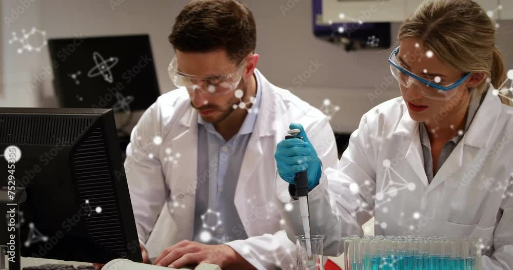 Poster animation of molecules and data processing over diverse scientists in laboratory