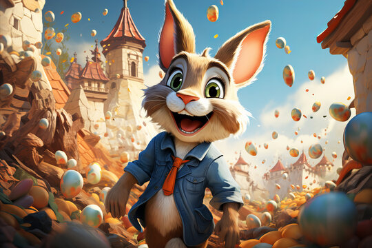 ​A cartoon illustration of a mischievous Easter bunny walking along the street of a fairy-tale city surrounded by flying eggs.