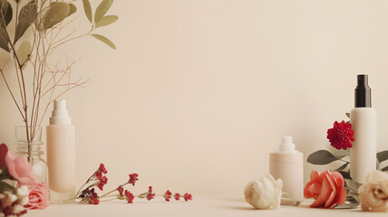 Delicate background with various cosmetic bottles and flowers. Top view, side view, copy space
