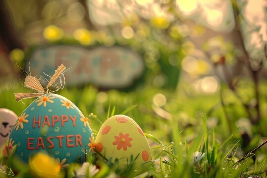 Colorful Easter Egg Basket Egg dyeing. Happy easter Springtime jolliness bunny. 3d Cerulean blue hare rabbit illustration. Cute digital imaging festive card Paschal mystery copy space wallpaper