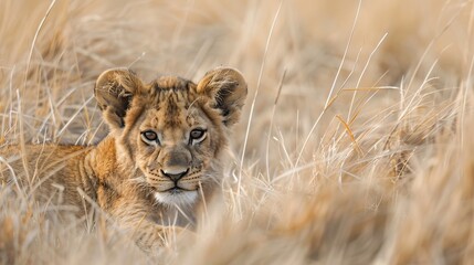 Lion cub lying in the tall dry Grass