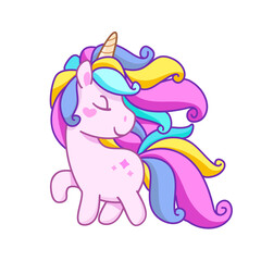Cute Cartoon Poni Unicorn with neon colorful hair  (Kawaii vector)