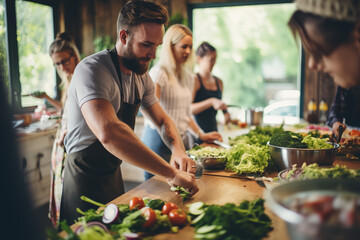 a group of students, adult men and women, in a healthy cooking course, cooking food with vegetables and having a pleasant and fun time