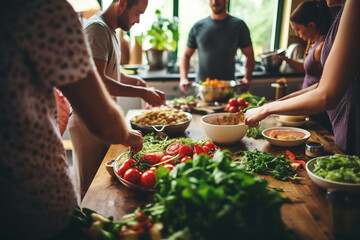 a group of students, adult men and women, in a healthy cooking course, cooking food with vegetables and having a pleasant and fun time