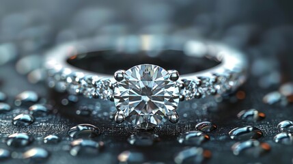 Silver diamond ring. Jewelry. Product shoot, macro shot, silver ring with diamond on shiny dark surface. Dark background.	