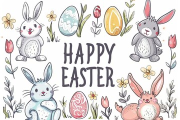 Fototapeta premium Colorful Easter Egg Basket easter brunch recipes. Happy easter Easter egg designs bunny. 3d easter eggs hare rabbit illustration. Cute Eggcellent festive card Easter style copy space wallpaper