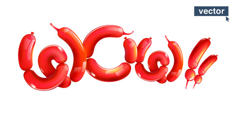 Wow lettering made of twisting balloons. Banner on white background. Realistic 3D render. Vector shiny template. Perfect for gift card, cartoon style poster, surprise party, beautiful sale emblem.