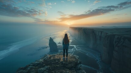A person stands on a cliff during sunset, gazing at the vast ocean and horizon - obrazy, fototapety, plakaty