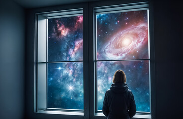 A person looks out a window at space and colorful galaxies. 