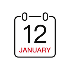 January 12 date on the calendar, vector line stroke icon for user interface. Calendar with date, vector illustration.