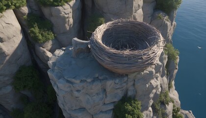 An enormous bird's nest perches on the edge of a towering cliff overlooking the sea.