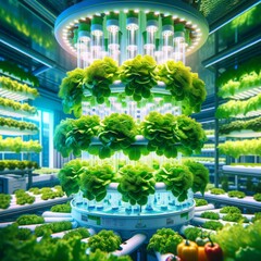 multi-tiered hydroponic setup with vibrant green plants in an indoor farm