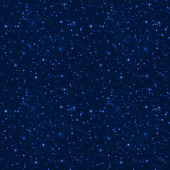 Star universe vector background. Night starry sky seamless pattern. Milky way galaxy template wallpaper with beautiful snowflakes and sparkles. Winter dark blue repeated backdrop for holidays designs.