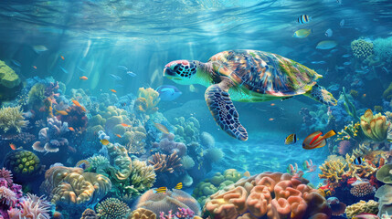 Underwater wildlife panorama Coral reef with wild turtle  and fishes