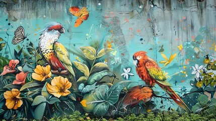 A calming and nature-themed street art piece showcasing flora and fauna in urban settings.