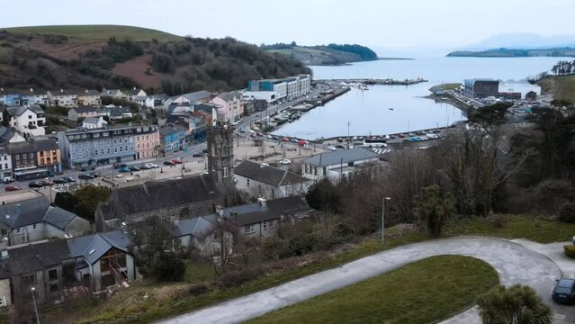 aerial view of Bantry town, church and residential buildings, Ireland